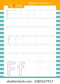 Learning to trace kids activity worksheet. Page letter F for kids tracing workbook. Lined sheet for kids exercise book. Vector illustration.