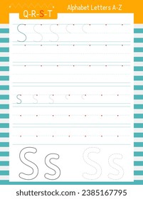 Learning to trace and writing kids activity worksheet. Page letter S for kids tracing textbook, uppercase and lowercase. Lined sheet for kids exercise book. Vector illustration.