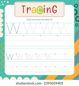 Learning to trace and writing kids activity worksheet. Page letter W for kids tracing textbook, uppercase and lowercase. Lined sheet for kids exercise book. Vector illustration. Square flash card