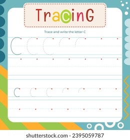 Learning to trace and writing kids activity worksheet. Page letter C for kids tracing textbook, uppercase and lowercase. Lined sheet for kids exercise book. Vector illustration. Square flash card