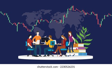 learning trading stock market and technical analysis with team people with modern flat style