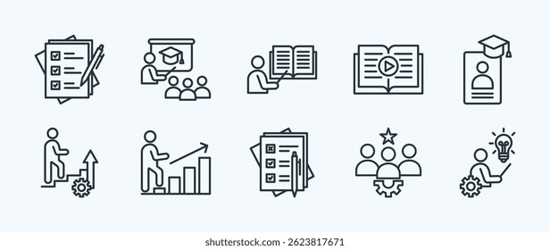Learning and training thin icon set containing assessment,training,lesson,tutorial,internship