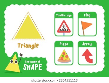 Aprender hoja de formas triangular con tarjetas de objetos, ilustración de diseño vectorial sobre fondo blanco. concepto de juego de niños y de estudio.