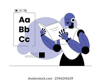 Learning tutor that has been done by robots designed with artificial intelligence, sem outline style, vector illustration.