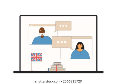 Learning uk english online school for adult. Practice and training pronunciation, and other skills of foreign language. Laptop with British flag isolated on white background. Vector flat illustration.