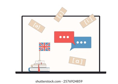 Learning uk english online school. Practice and training pronunciation, and other skills of foreign language. Laptop with British flag isolated on white background. Vector outline flat illustration.