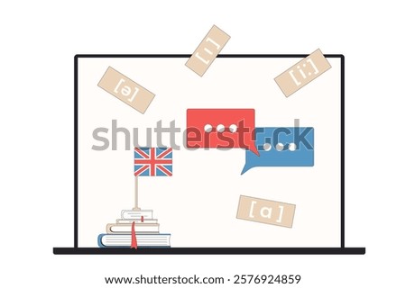 Learning uk english online school. Practice and training pronunciation, and other skills of foreign language. Laptop with British flag isolated on white background. Vector outline flat illustration.