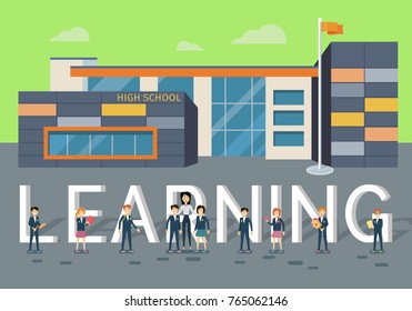 Learning in upper school concept. Modern school building with happy pupils and teacher on school yard flat vector. Children's education. Learning favorite subjects. For private school web page