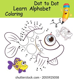 Learning the uppercase letters of the English alphabet with cartoon ocean Fish. Dot to dot game with letters for kids. Logic Game and Coloring Page for preschool. Worksheet for practicing alphabet.
