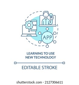 Learning to use new technology turquoise concept icon. Lifelong learning examples abstract idea thin line illustration. Isolated outline drawing. Editable stroke. Arial, Myriad Pro-Bold fonts used