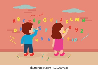 Learning vector concept: Two cute children writing alphabet on the wall while using colorful crayons