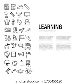 Learning vector icons concept. Educational template with school symbols and elements isolated on white background