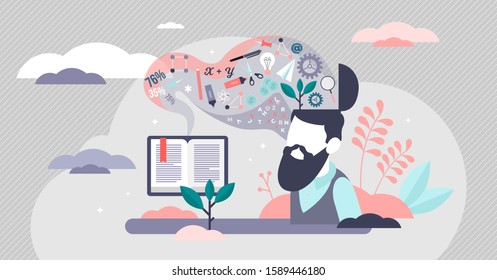 Learning vector illustration. Tiny person education knowledge concept. School, university and college study process. Personal growth and development using book literature research. Digesting thoughts.