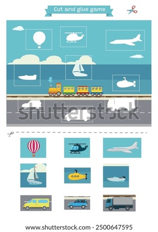 Learning vehicles. Cut and glue educational children game. Matching shadow game worksheet for kids.	