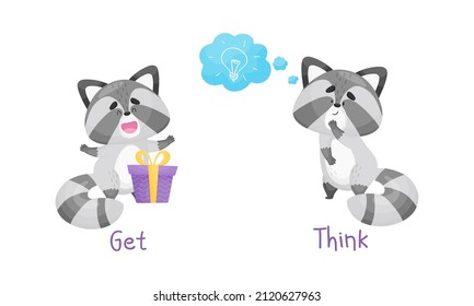 Learning verbs of action set. Cute cat getting and thinking. Educational visual material cartoon vector illustration