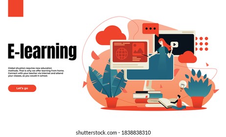 learning via internet, webinar, online classes flat image vector template