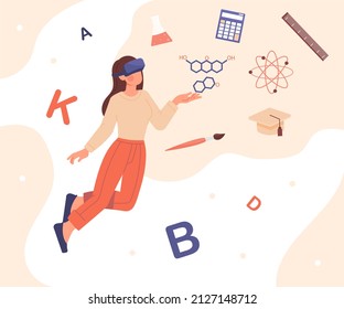 Learning with virtual glasses. Futuristic images and modern technologies, games and vr. Correct use of innovations, training, education and self development. Cartoon flat vector illustration