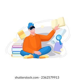 Learning in virtual reality, VR education vector illustration. Cartoon man with VR glasses studying with digital books, interactive content in metaverse, online school for student wearing tech gadget