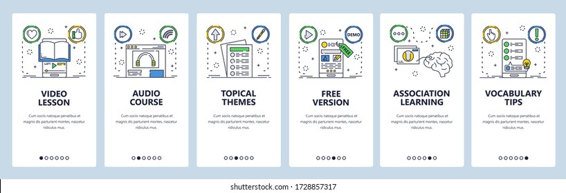 Learning web site and mobile app onboarding screens. Menu banner vector template for website and application development. Video lesson, audio course, online learning. Thin line art flat style.