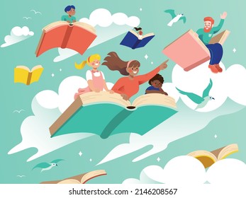 Learning wisdom and exploring new horizons. Flying on book covers in abstract and creative literature world. Family flying over book covers. - Shutterstock ID 2146208567