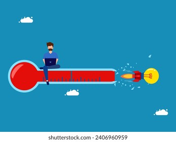 Learning without boundaries. man with a rocket light bulb flies into a broken thermometer