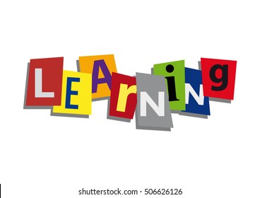 learning, word and text cut from paper, in flat design