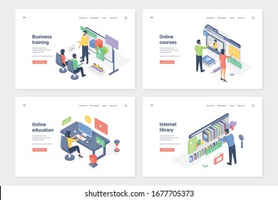 Learning, work skills improving isometric landing page templates set. Business training, online courses and education, internet library. Qualifying company staff cartoon characters