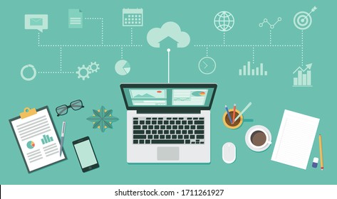 learning and working online together on laptop computer, remote working, work from home and work from anywhere concept, flat vector illustration