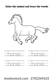 Lernarbeitsblatt Horse Running Coloring Tracing
