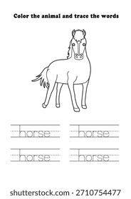 Hoja de trabajo de aprendizaje Horse Standing Coloring Tracing