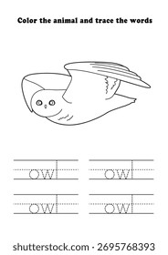 Hoja de Trabajo de Aprendizaje Owl Flying Coloring Tracing