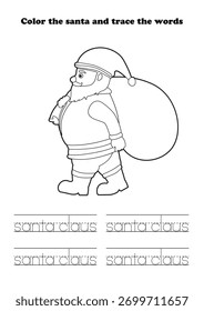 Hoja de trabajo de aprendizaje Papá Noel Walking character Coloring Tracing