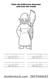 Learning Worksheet Witch character Coloring Tracing