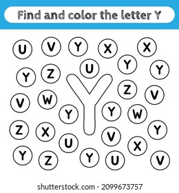 Learning worksheets for kids, find and color letters. Editable educational game for preschool children, recognizing alphabet shapes. Simple flat vector for kids activities. Letter Y.