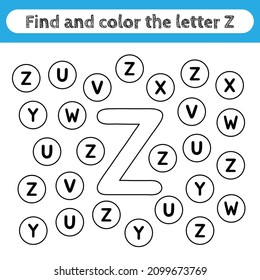 Learning worksheets for kids, find and color letters. Editable educational game for preschool children, recognizing alphabet shapes. Simple flat vector for kids activities. Letter Z.