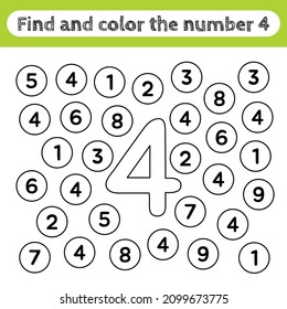 Learning worksheets for kids, find and color numbers. Editable educational game for preschooler activities, recognizing number shapes. Simple flat vector for kids intelligence. Number 4.