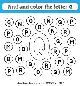 Learning worksheets for kids, find and color letters. Editable educational game for preschool children, recognizing alphabet shapes. Simple flat vector for kids activities. Letter Q.
