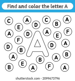 Learning worksheets for kids, find and color letters. Editable educational game for preschool children, recognizing alphabet shapes. Simple flat vector for kids activities. Letter A.