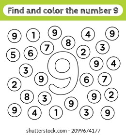 Learning worksheets for kids, find and color numbers. Editable educational game for preschooler activities, recognizing number shapes. Simple flat vector for kids intelligence. Number 9.
