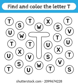 Learning worksheets for kids, find and color letters. Editable educational game for preschool children, recognizing alphabet shapes. Simple flat vector for kids activities. Letter T.