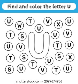Learning worksheets for kids, find and color letters. Editable educational game for preschool children, recognizing alphabet shapes. Simple flat vector for kids activities. Letter U.