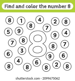 Learning worksheets for kids, find and color numbers. Editable educational game for preschooler activities, recognizing number shapes. Simple flat vector for kids intelligence. Number 8.