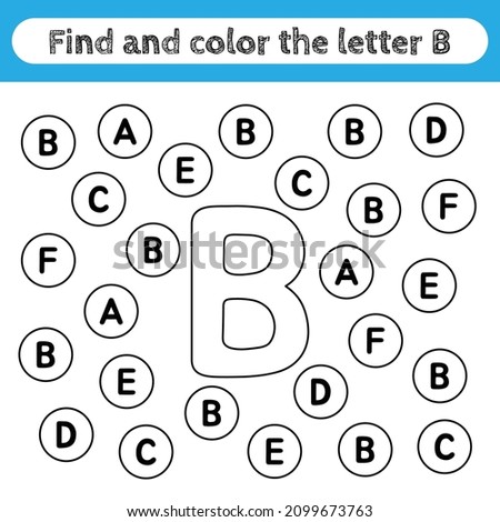 Learning worksheets for kids, find and color letters. Editable educational game for preschool children, recognizing alphabet shapes. Simple flat vector for kids activities. Letter B.