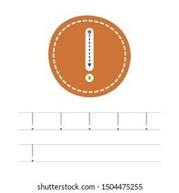 Learning to write a exclamation mark. A practical sheet from a set of exercises for the development and education of children. Writing a punctuation mark. Vector illustration.