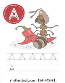 Learning to write a letter - A. A practical sheet from a set of exercises game for kids. Cartoon funny insect with letter. Spelling the alphabet. Child development and education. Ant - Vector