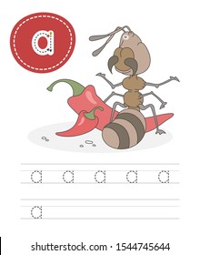 Learning to write a letter - A. A practical sheet from a set of exercises game for kids. Cartoon funny insect with letter. Spelling the alphabet. Child development and education. Ant - Vector