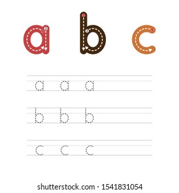 Learning to write a letter - A,B,C. A practical sheet from a set of exercises for the development and education of children. Writing a letter from the English alphabet. Vector illustration.