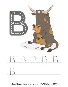 Learning to write a letter - B. A practical sheet from a set of exercises game for kids. Cartoon funny farm animal with letter. Spelling the alphabet. Child development and education. Bull - Vector.