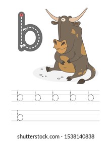 Learning to write a letter - b. A practical sheet from a set of exercises game for kids. Cartoon funny farm animal with letter. Spelling the alphabet. Child development and education. Bull - Vector.