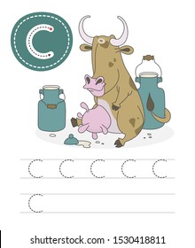 Learning to write a letter - C. A practical sheet from a set of exercises game for kids. Cartoon funny farm animal with letter. Spelling the alphabet. Child development and education. Cow - Vector.